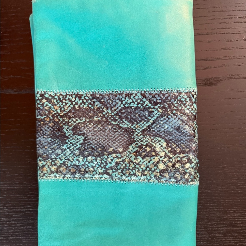 Ann Taylor Teal Leather Snakeskin Foldover Clutch Wallet